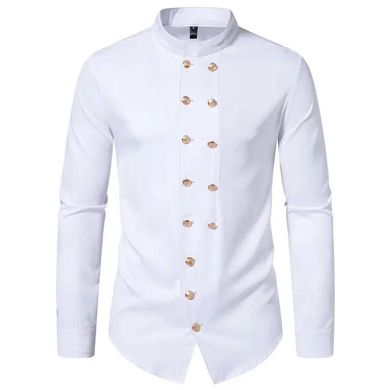 New Long Sleeve Formal Mens Shirt Double Breast Slim Fit Solid Color Mens Wedding Prom Social Tuxedo Dress - Lootquake