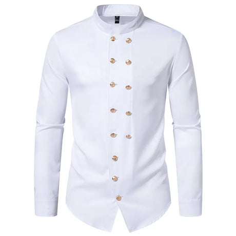 New Long Sleeve Formal Mens Shirt Double Breast Slim Fit Solid Color Mens Wedding Prom Social Tuxedo Dress - Lootquake