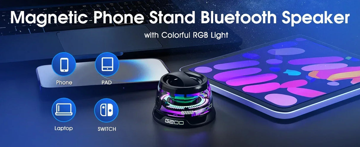Minialtavoz Bluetooth portátil G200 con iluminación RGB, altavoz magnético BT5.3, minicaja de sonido, 7 horas de reproducción, soporte para teléfono, novedad de 2025