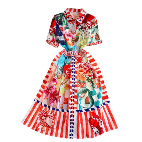 Polo Neck Printed Vintage Long Dress Short Sleeve Big Hem Slim Long Dress Vestidos Casual Fashion Women Elegant Robe - Lootquake