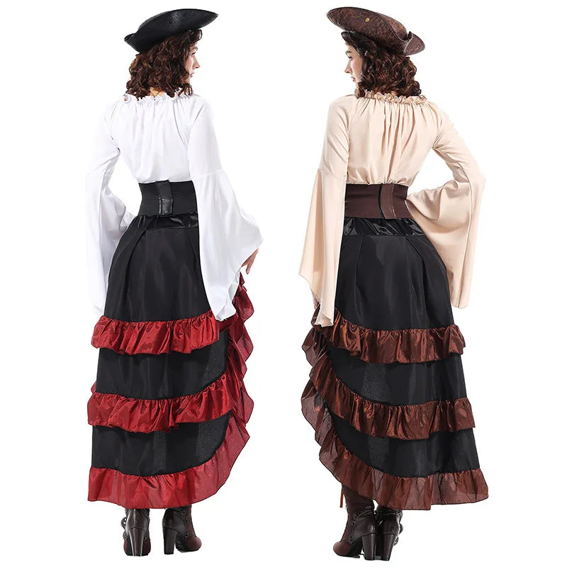 Halloween Womens Cosplay Medieval Pirate Costume Top Corset Skirt Hat Retro Voyager Dress Carnival Play Suit Party Fancy Dress