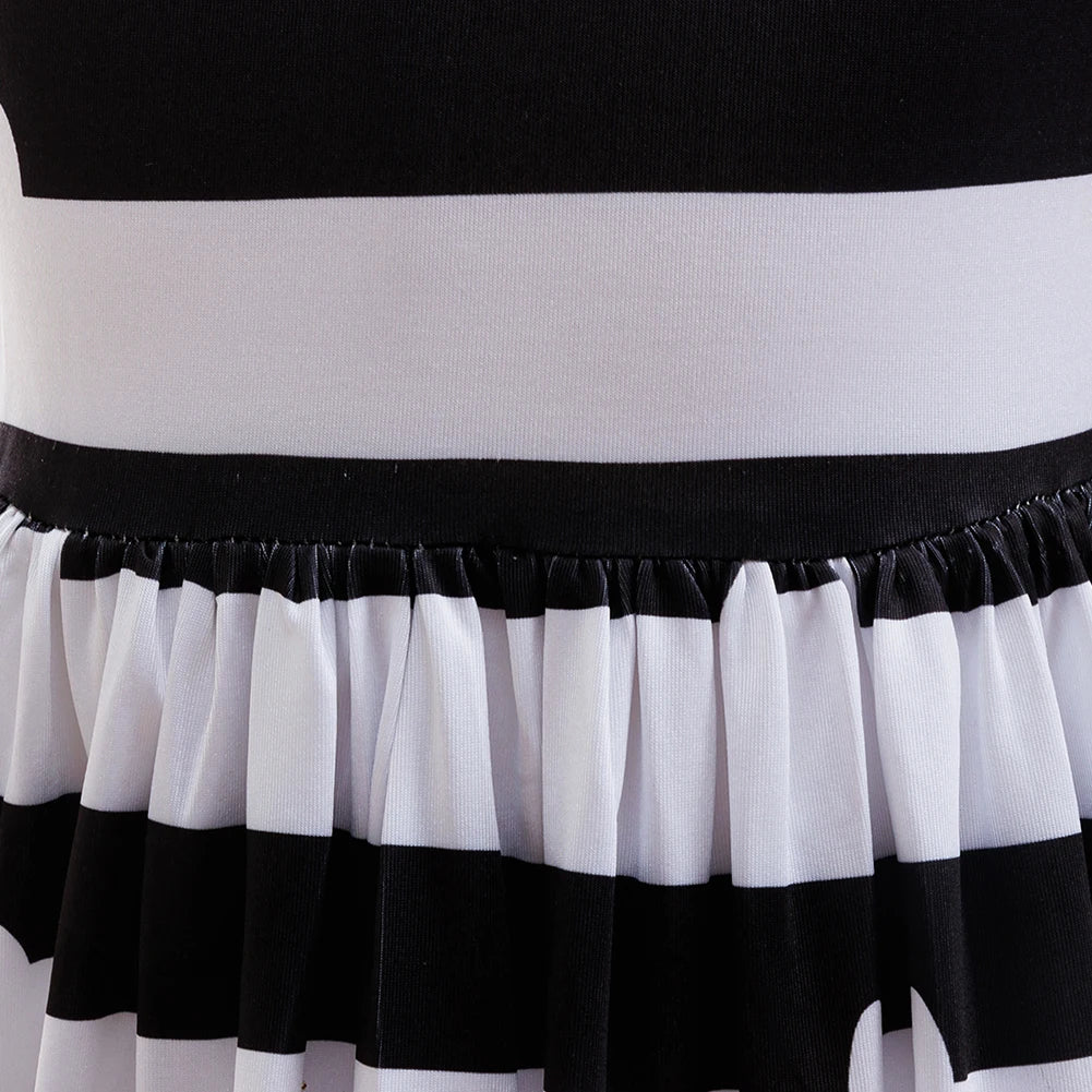 Girl Halloween Costume Set Black White Striped Dress With Cat Ears Headband Glasses Purse Accessories Birthday Party Outfit