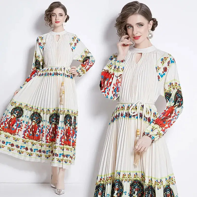 Spring Holiday Print Long Dress For Women Fashion Loose Lantern Sleeve Party Robe Female Big Swing Tassels Belt Pleated Clothes