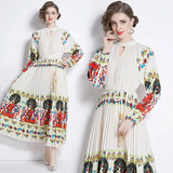 Spring Holiday Print Long Dress For Women Fashion Loose Lantern Sleeve Party Robe Female Big Swing Tassels Belt Pleated Clothes