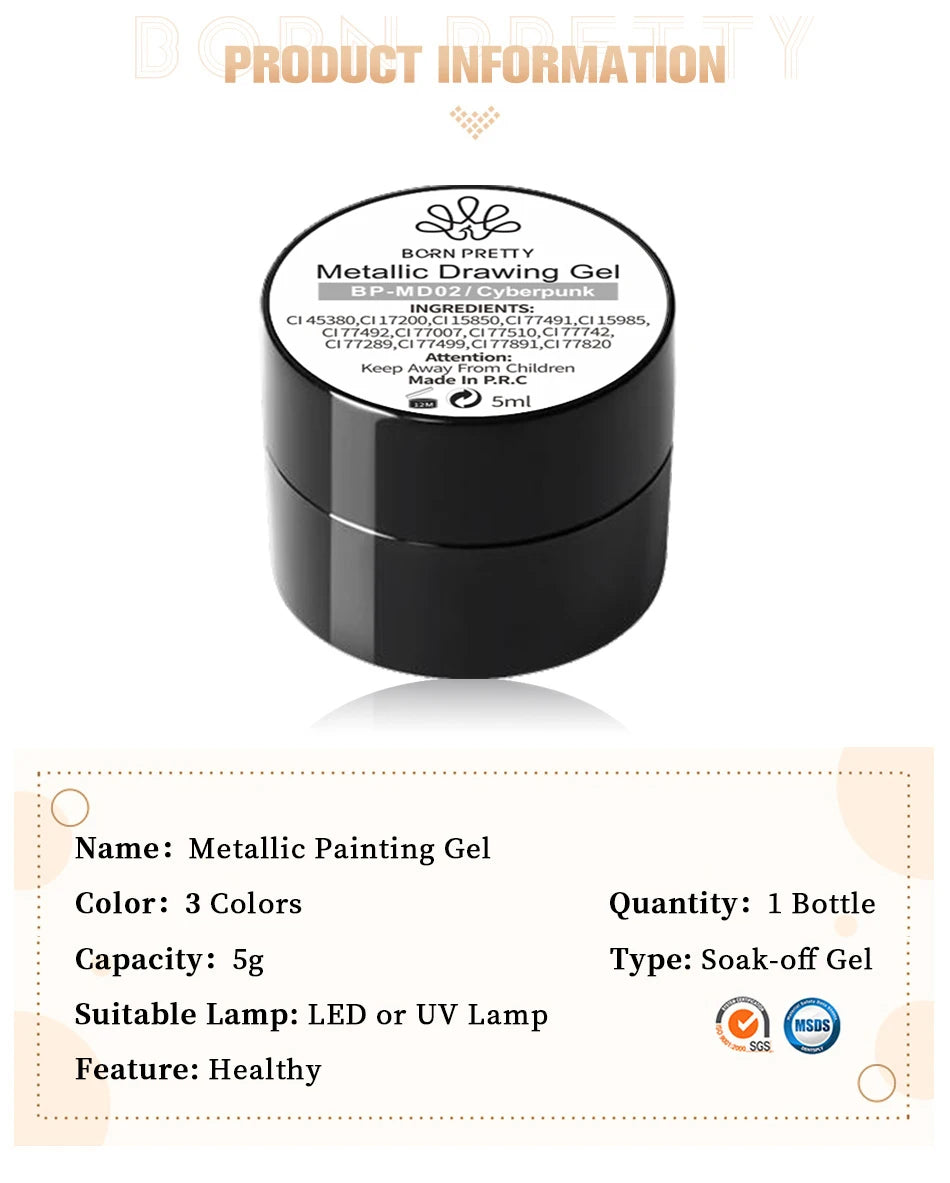 BORN PRETTY Metallic Painting Gel Gold Silver Mirror Effect Nail Polish Super Bright Drawing Line French Nail UV Painting Varnis