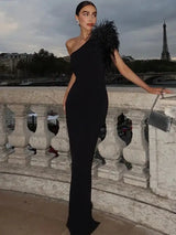 BWQ Black Sleeveless One Shoulder Feather Maxi Dress For Women Bodycon Sexy Party Elegant Long Dress Birthday Evening Outfit - Lootquake
