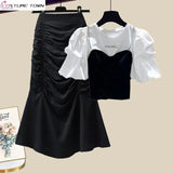 Spring/Summer Set Women's New Korean Edition Sweet and Spicy Bubble Sleeve Spliced Top Age Reducing Half Skirt Two Piece Set - Lootquake