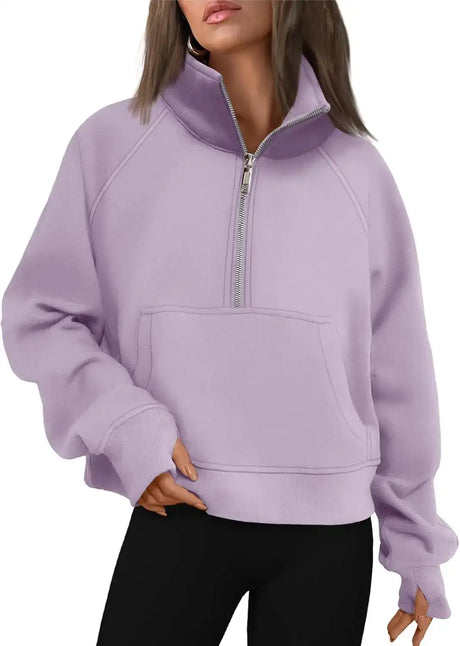 Womens Sweatshirts Half Zip Cropped Pullover Fleece Quarter Zipper Hoodies Fall outfits Clothes Thumb Hole - Lootquake
