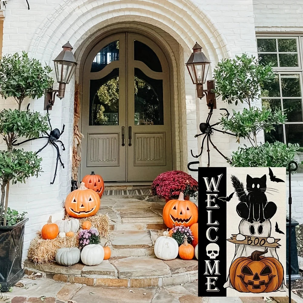 Drapeau rustique de bienvenue pour Halloween, décoration double face verticale en toile de jute, crâne, chat noir, fantôme, lampe citrouille, chauves-souris, décoration de jardin extérieure