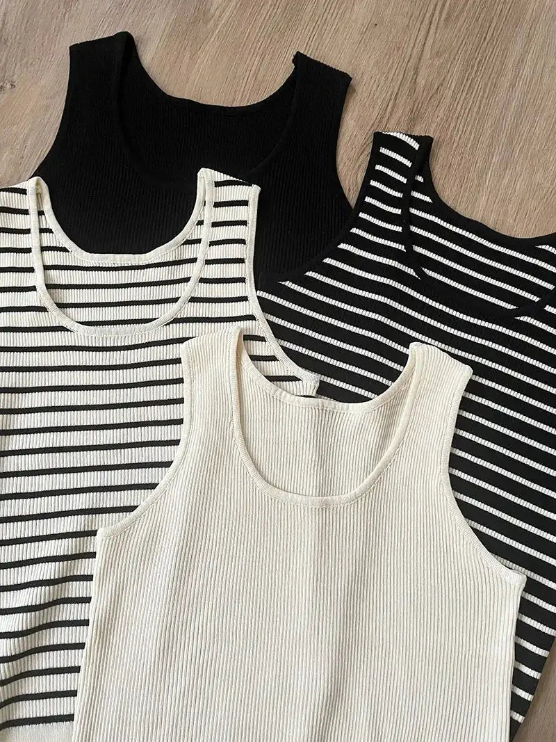 Top Women's loose-fitting striped, spicy Casual Sleeveless Top with round neckline and off-the-shoulder outdoor tank top, summer - Lootquake