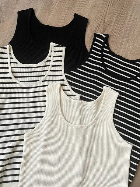 Top Women's loose-fitting striped, spicy Casual Sleeveless Top with round neckline and off-the-shoulder outdoor tank top, summer - Lootquake