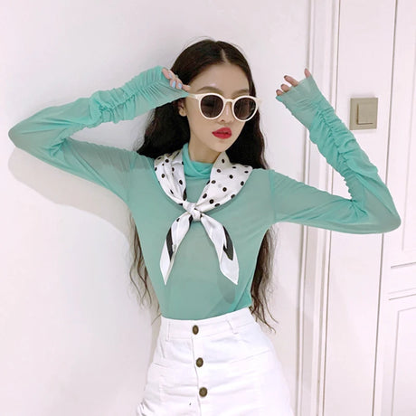 Neon Shirt for Women Long Sleeve Stand Collar Sheer Top Yellow Gold Mesh Blouse Sexy Party Club Streetwear Hip Hop Tee Tops - Lootquake