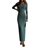 Autumn Winter Solid Color Bodycon Knit Dress Women Long Sleeve Crew Neck Ribbed Dress Slim Fit Long Dress - Lootquake