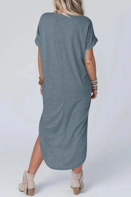 Summer New Women Elegant Solid Color Dress Short Sleeve V-Neck Cotton Linen Comfortable Loose Pocket Ladies Long Dress Vestidos - Lootquake