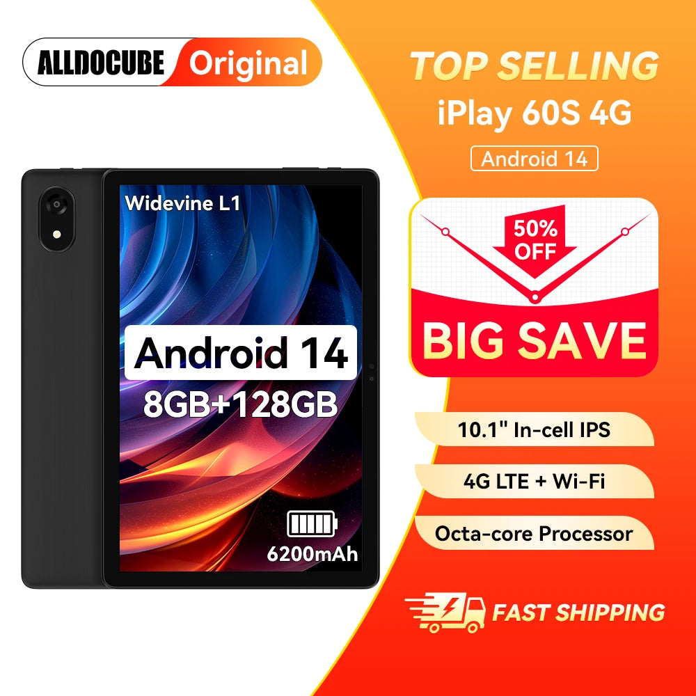 Tablette Alldocube iplay 60S 4G-LTE/WiFi 10,1 pouces, 4 Go + 8 Go de RAM, 128 Go de ROM, système d'exploitation Android 14, grande batterie 6200 mAh, Wi-Fi 6