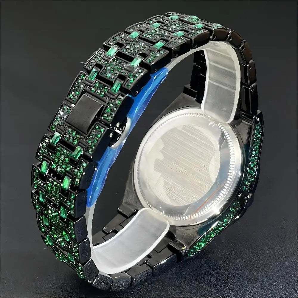 2024 New MISSFOX Hip Hop Green Iced Watches Mens Luxury Stainless Steel AAA Clocks Man Fashion Square Diamond Jewelry Wristwatch - Lootquake