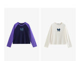 TOYOUTH Women T-shirt 2024 Autumn New Denim Bow Contrasting Color Raglan Sleeve Pullover Casual Tops