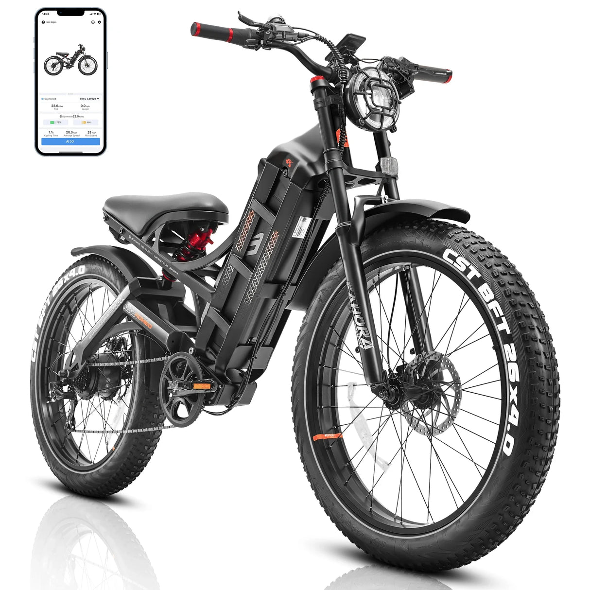 Bicicleta eléctrica Romeo con motor de 1200 W, 48 V, 60 Ah, 34 mph, velocidad máxima, 26 x 4 pulgadas, neumáticos anchos todoterreno, para acampar, para adultos.