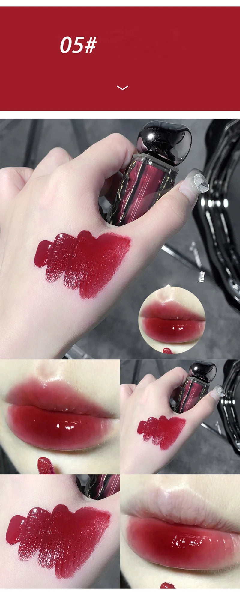 Rouge à lèvres liquide violet foncé, léger, longue tenue, transparent, hydratant, effet miroir, rose pêche, antiadhésif