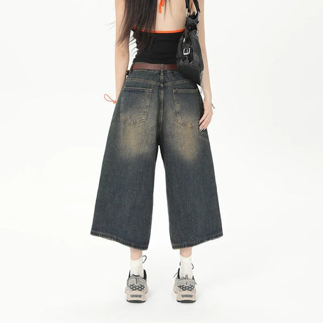 Vintage Streetwear Women Jeans 2024 Summer Loose Male Wide Leg Knee Length Shorts Men's Oversize Fashion Denim Trouser Pants Y2K - Lootquake
