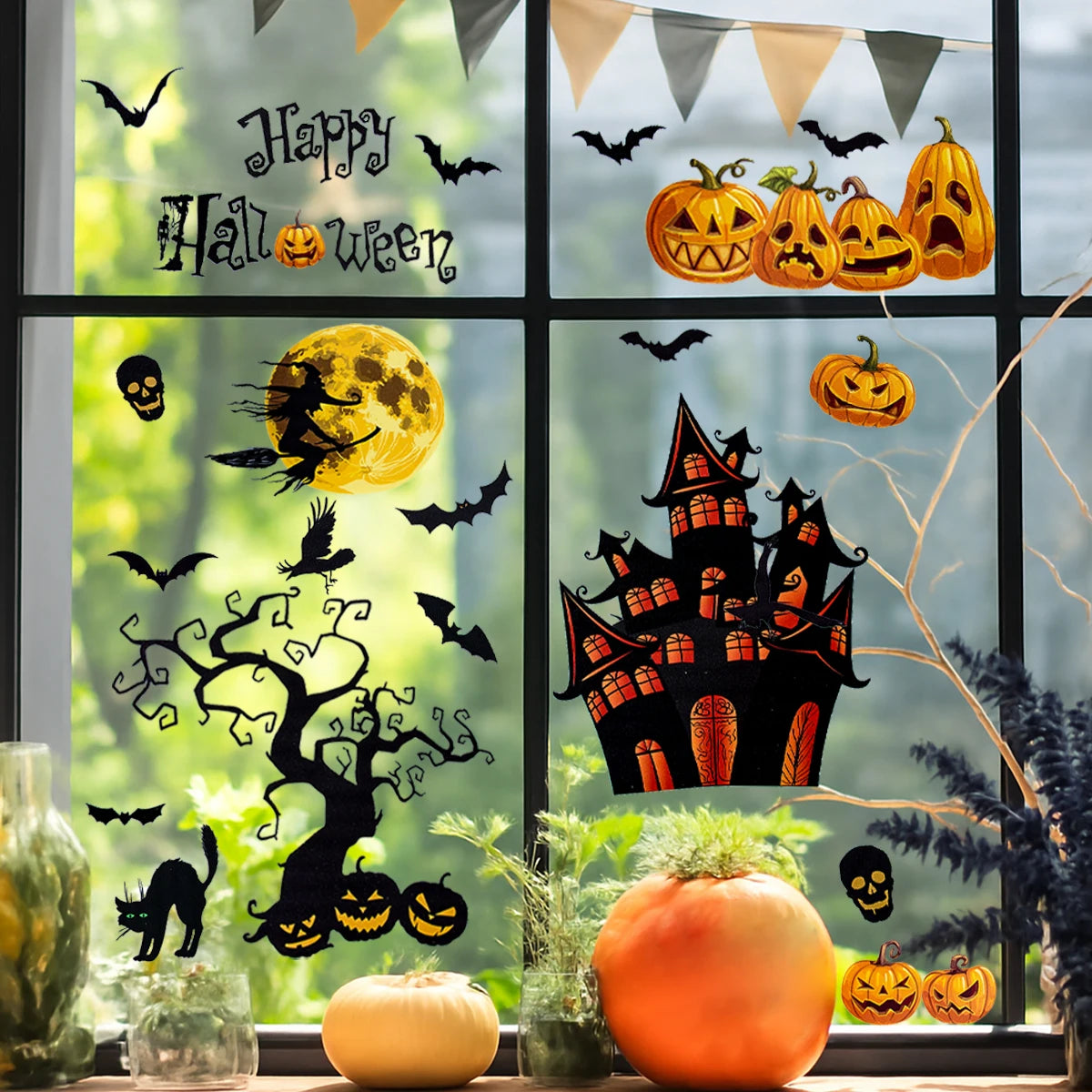 Halloween Pumpkin Window Sticker Haunted House Bat Ghost Glass Wall Sticker Room decor Trick or Treat Halloween Party supplies