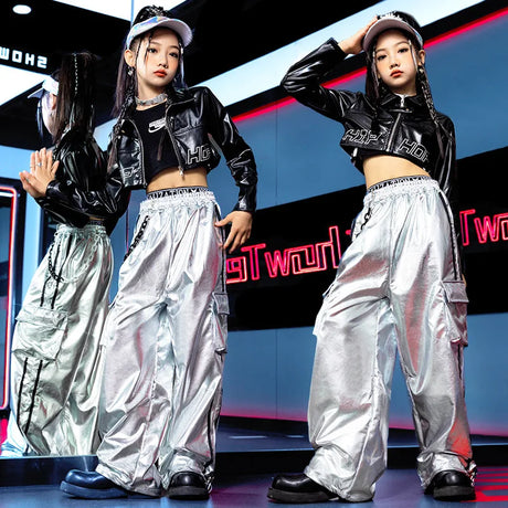 Girls Jazz Dance Hip Hop Outfit Child Model Catwalk Stage Dance Show Costume Black Navel Top White Trousers - Lootquake