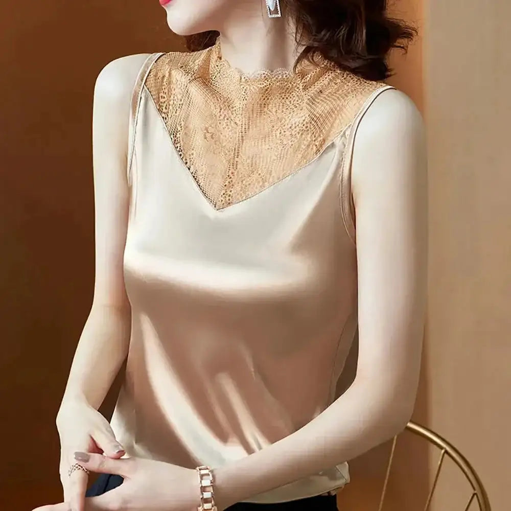 Nueva ropa de mujer, chaleco, camiseta sin mangas, traje de mujer, forro de encaje, verano 2024, nuevo top sin mangas de satén de seda, chalecos con tirantes