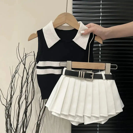 Baby Girls Knitted Polo Shirt Summer Set Latest Children's Western style Tank Top Fashionable Pleated Skirt Two Piece Set - Lootquake