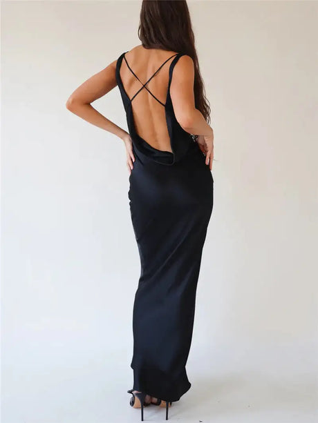 Fashion Women Satin Vintage Long Bodycon Dress Elegant Backless Spaghetti Strap Long Dress Y2K Sexy Low Cut Club Party Dress - Lootquake