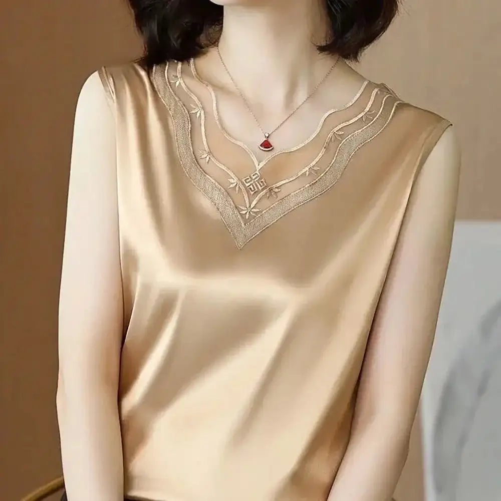 Nueva ropa de mujer, chaleco, camiseta sin mangas, traje de mujer, forro de encaje, verano 2024, nuevo top sin mangas de satén de seda, chalecos con tirantes