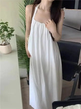 Vestido de vacaciones de verano estilo tailandés con espalda abierta, cuello halter, antiedad, para fotografía, playa, largo, con cinturón