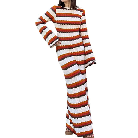 Knitting Hollow Out Dresses Women's Striped Contrast Dresses Beach Vacation Sexy Long Dress Autumn And Winter Sweater Dress - Lootquake