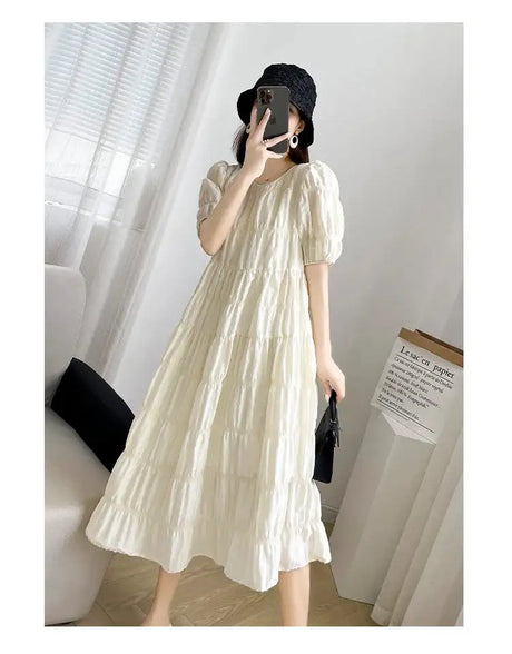 2025 Summer Maternity Pleated Dress Solid Color Loose Pregnant Woman Long Dress Short Sleeve Plus Size Pregnancy Ball Gown Dress - Lootquake