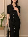 Elegant Summer Sweet Sle Turn-down Collar Single-button Thin Ice Silk Short-sleeve Knitted Long Dress Women's Fashion - Lootquake