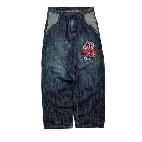 Y2K Pocket Fashion Embroidery Street Harajuku Gothic Retro High Waisted Loose Casual Jeans American Hip-hop Wide Leg Pants - Lootquake