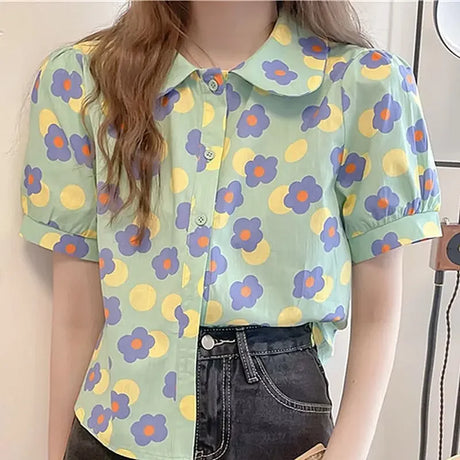 Women Summer Korean Casual Printing Chiffon Loose Polo-Neck Short Sleeve Blouse Women Clothes Sweet All-match Floral Top Tee - Lootquake