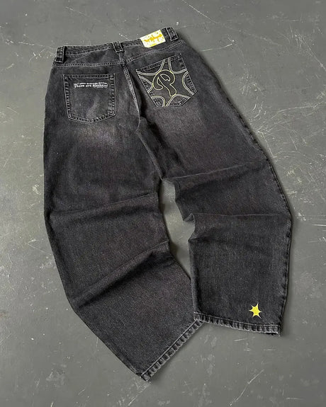 2024 New American Trend Retro Hip-hop Embroidery Pattern Baggy Jeans For Men And Women Y2K Harajuku Gothic Wide Pants Streetwear - Lootquake