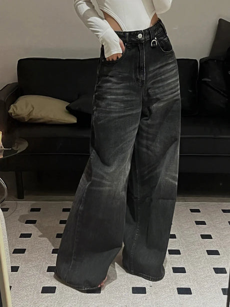 HOUZHOU Vintage Black Wide Leg Jeans Women Oversized High Street Korean Fashion Baggy Denim Trousers Grunge Y2k Female Hip Hop - Lootquake