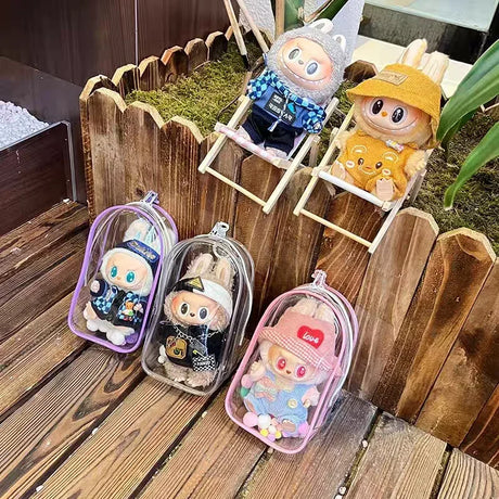 Colorful Transparent Protector Case Organizer Box for 17cm Labubu Plush Dolls Outdoor Display Bag With Keychain Doll Accessories - Lootquake