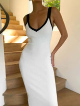 Knit Suspender Split Long Dress Women 2024 New Sleeveless Block Color Beach Vacation V-Neck Knitwear Bodycon Sexy Dresses - Lootquake