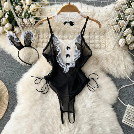 Red Christmas Sexy Lingerie Shawl Set Halter Jumpsuit Lace-up Cosplay Costume New In Women Clothes Skinny Bodysuit Suit Hotsweet - Lootquake