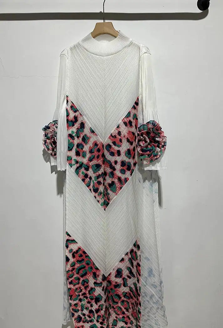 2024 Miyake Fashion Splicing Leopard Print Maxi Dress with Round Neck Hand Shake Flower Horn Sleeves Long Loose Fit Long Dress - Lootquake
