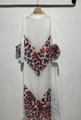 2024 Miyake Fashion Splicing Leopard Print Maxi Dress with Round Neck Hand Shake Flower Horn Sleeves Long Loose Fit Long Dress - Lootquake