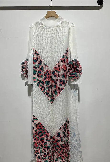 2024 Miyake Fashion Splicing Leopard Print Maxi Dress with Round Neck Hand Shake Flower Horn Sleeves Long Loose Fit Long Dress - Lootquake