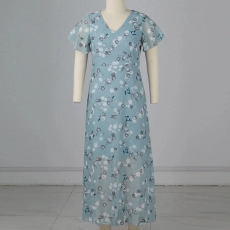 Vestidos Verano Moda 2024 Women's Swing Long Dress Chiffon Floral Short Sleeve Ruffle V Neck Fashion Waist Flowy Dress платье - Lootquake
