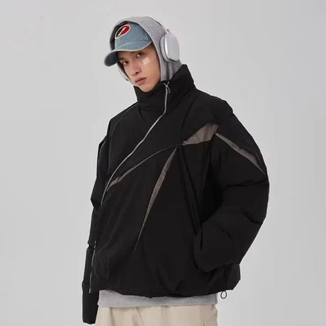 American Cotton Padded Jacket Men Women Winter High Street Thicken Warm Stand Collar Coat Hip Hop Loose Cutting Design Outwear - Lootquake