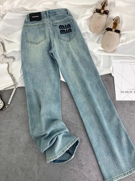 Blue Women Jeans Streetwear Vintage Fashion High Waisted Wide Leg Jean Female Trouser Letter Hip Hop Baggy Blue Denim Pants - Lootquake