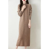 Autumn Winter Women's Wool Long Dress Cashmere Mock Neck Pullover Sweater 100% Merino Wool Soft Knitwear OL Simple Basic Dress - Lootquake