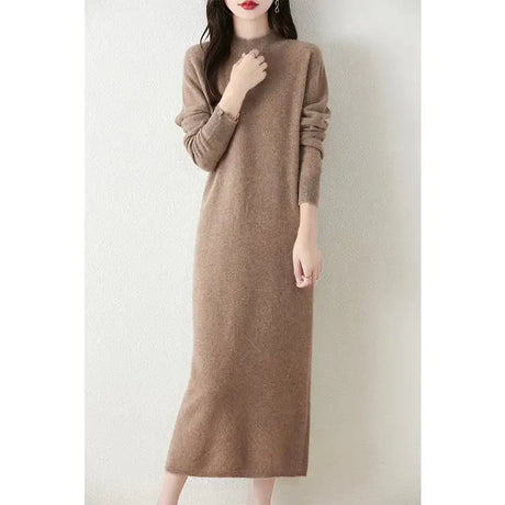 Autumn Winter Women's Wool Long Dress Cashmere Mock Neck Pullover Sweater 100% Merino Wool Soft Knitwear OL Simple Basic Dress - Lootquake