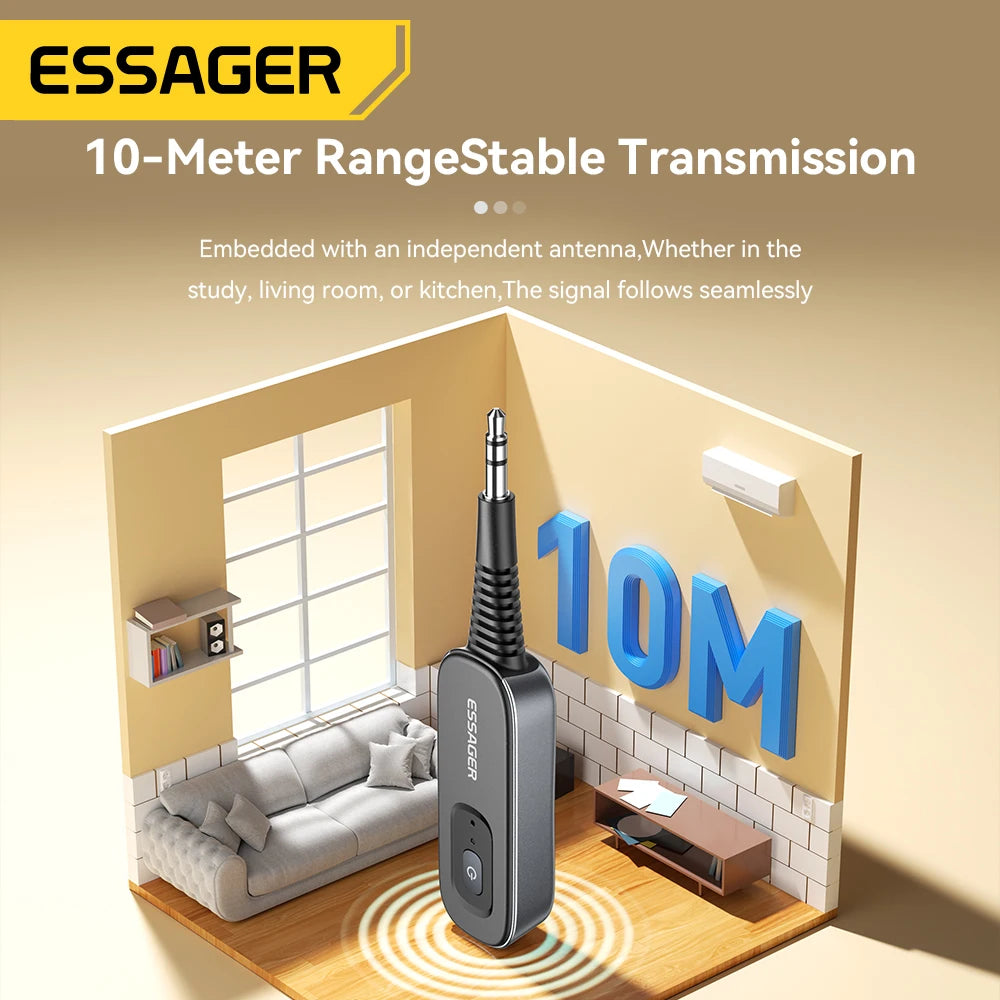 Receptor y transmisor de audio Essager Bluetooth 5.1 de 3,5 mm con entrada auxiliar de 3,5 mm y micrófono, adaptador inalámbrico para música estéreo, PC, TV y altavoces de coche.